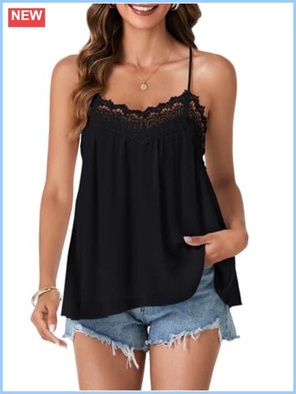 Spaghetti Strap Lace Trim Peplum Tank Top V-Neck High Low Hem